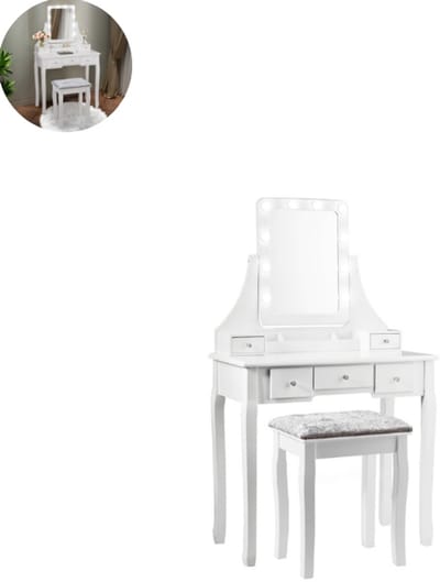 Kaptafel met spiegel en verlichting - Make up tafel - Make up - Toilettafel -Met lades - Kaptafels - Met kast - Wit