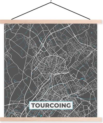 Posterhanger incl. Poster 40x40 cm - Schoolplaat - Tourcoing - Frankrijk - Stadskaart - Kaart - Plattegrond - Textielposter - Blanke latten - Stadskaart