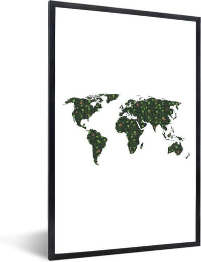 Poster in lijst - Fotolijst 80x120 cm - Posters - Wereldkaart - Planten - Tropisch - Posterlijst zwart - Decoratie - Wanddecoratie woonkamer - Muurdecoratie slaapkamer