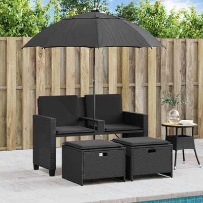 vidaXL - Tuinbank - 2-zits - met - parasol - en - voetenbanken - poly - rattan - zwart