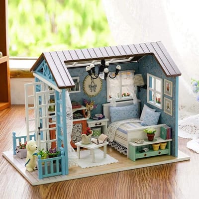 Houten Huisje - Miniatuur Meubelset - Creatieve Hobby - Met LED Verlichting - 25 x 19 x 6 cm