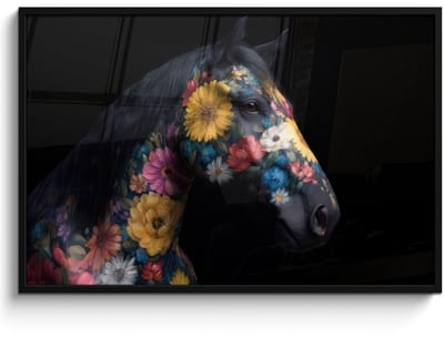 Poster in lijst - Fotolijst 120x80 cm - Posters - Paard - Bloemen - Zwart - Posterlijst zwart - Decoratie - Wanddecoratie woonkamer - Muurdecoratie slaapkamer