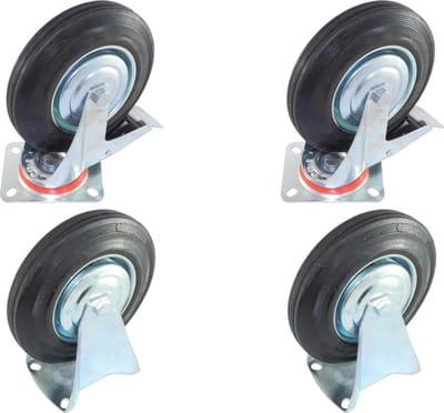 Set van 4 Transportwielen 200mm | 2 x zwenkwiel met rem +  2 x bokwiel | Stalen Velg | Rubberen Band | Draagvermogen 205kg | Bouwhoogte 232mm