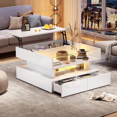BLACKCOLORS - Salontafel - 80x80x45 cm - In hoogte verstelbaar - Verborgen opbergruimte - 2 lades - LED-verlichting - Glanzend - Blad van gehard glas - Voor woonkamer - Wit