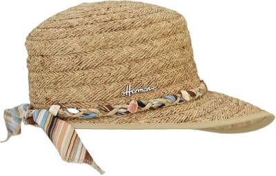 Casquette/chapeau en paille naturelle raphia pour femme très légère et souple avec ceinture tressée raphia/tissu et coquillages