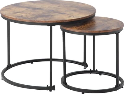 Ronde salontafel set van 2 - Geneste bijzettafel - Ruimtebesparend - Stapelbaar - Metalen frame - Woonkamer - 50x70,5 cm en 45,5x44 cm - Bruin