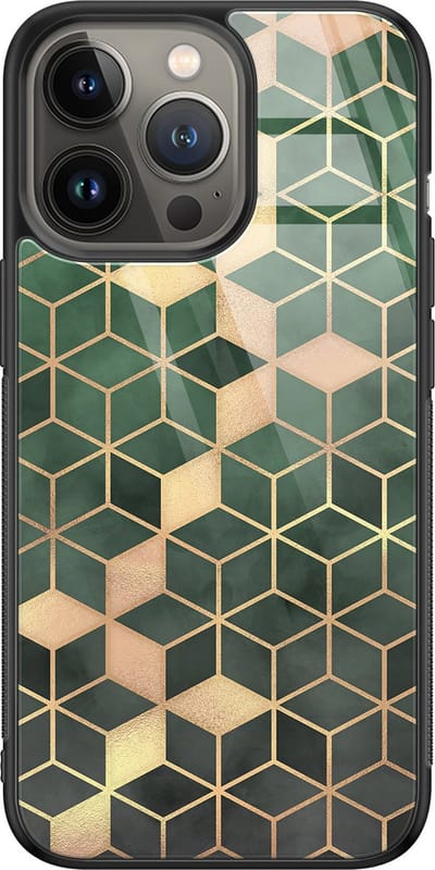 Hoesje geschikt voor iPhone 13 Pro - Groen kubus - Luxe Glazen Hardcase - Hippe print - Groen - Leuke Telefoonhoesjes
