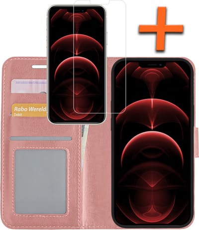 Hoes - Met Screenprotector - Geschikt voor Apple iPhone 13 Mini - Luxe Pasjeshouder - Bookcase Portemonee - Flip Case - Kunstleer Book Case - Flipcase - Book Cover - Walletcase - PortemonneeHoes - Rosé goud