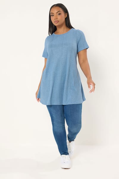Yours Blauw Soft Touch Geribbelde Swing Tshirt Size 48