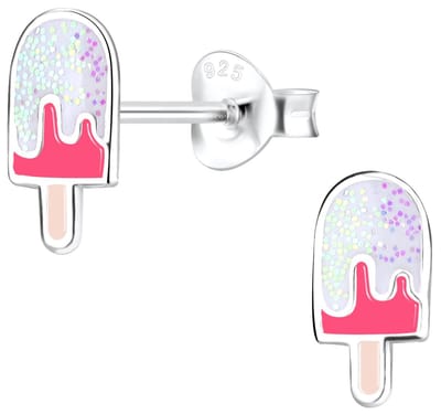 Joy|S - Zilveren ijsje oorbellen - ijslollie - glitter wit roze