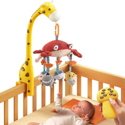 Baby 0-6 maanden wiegmobiel speelgoed giraffe muzikale lichten afstandsbediening met spiegel zachte hangende rammelaars slaapliedje roterende projector slaap automatisch uit, stille draaimotor