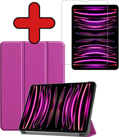 Hoesje - Geschikt voor Apple iPad Pro (2022) - 11 inch - 4e generatie - Met Screenprotector - Hardcover Book Case - Trifold Bookcase Hoes - Hard Cover - Tablethoes - Paars