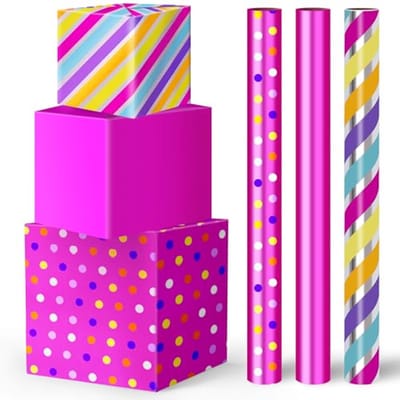 Cadeaupapier Kerstmis 3 Rollen 43 cm x 3 m Roze en Rood met Kleurstrepen
