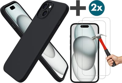 Arara Hoesje met 2 Stuks Screenprotectors Geschikt voor iPhone 15 Hoesje Siliconen - liquid Backcover - Zwart
