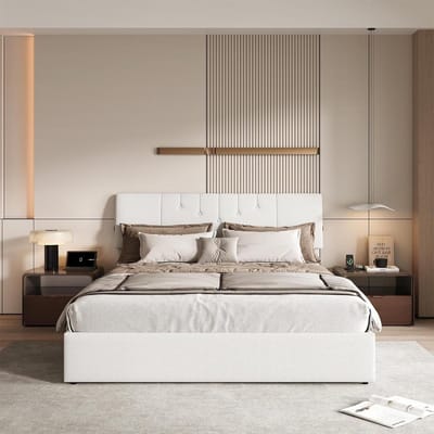 Gestoffeerd Bed - Tweepersoonsbed Bedframe - Slaapkamer Inrichten - Verstelbaar Hoofdeinde met USB - 140 x 200 cm - Beige