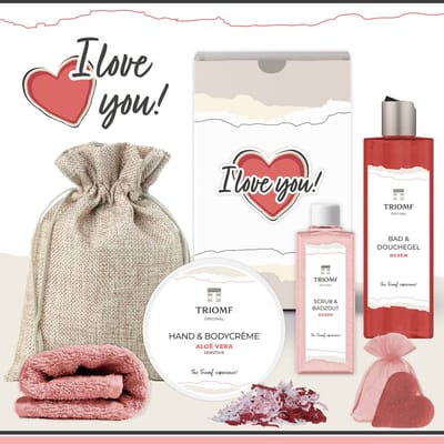 Geschenkset “I Love You!” - 6 producten - 680 gram - Triomf Cosmetica | Giftset voor haar Verjaardag Cadeau Valentijnsdag Valentijn Luxe wellness cadeaubox Vriendin Vrouw Meisje Cadeaupakket Liefde Geschenk Pakket Douchegel Gift Set Rood Roze