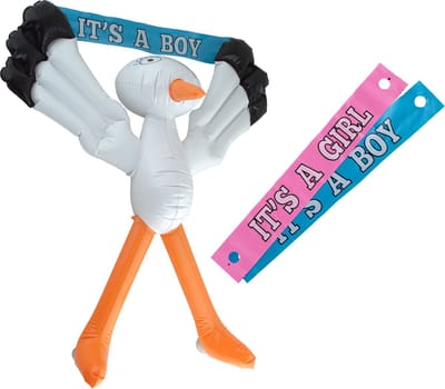 Opblaasbare decoratie ooievaar met tekst - blauw en roze banner - 70 cm - geboorte jongen/meisje - versiering/feestartikelen