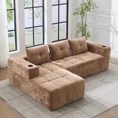DESMIU Hoekbank 258 Cm - Met Bekerhouders En Diepe Zitting - Voor Woonkamer, Appartement En Wachtruimte - Chenille Lichtbruin