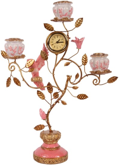 Baroque - Kandelaar - Kandelaar Papegaai met Klok 32 cm - Roze - Resin - 32x16.5x9 - Polyresin