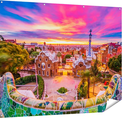 Gards Tuinposter Park G�ell Uitzicht op Barcelona - 150x120 cm - Tuindoek - Tuindecoratie - Wanddecoratie buiten - Tuinschilderij