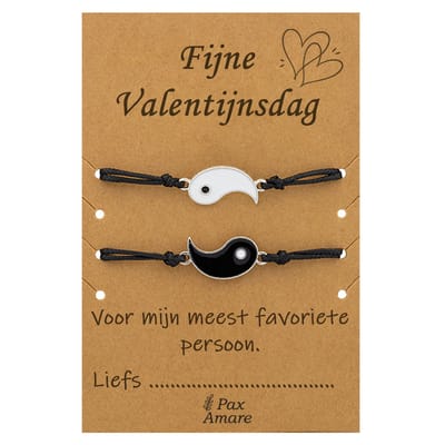 Koppel Armbandjes voor 2 "Fijne Valentijnsdag" - Yin Yang - Vriendschapsarmbandjes met Persoonlijk Cadeau Kaartje - Zilverkleurig - Elastisch Verstelbaar - Pax Amare