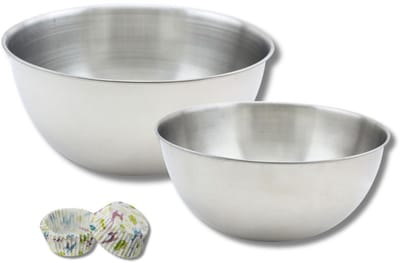 Set met een partij van 50 muffinvormpjes, 1 spatel Zenker en 2 roestvrijstalen mengkommen Fackelmann