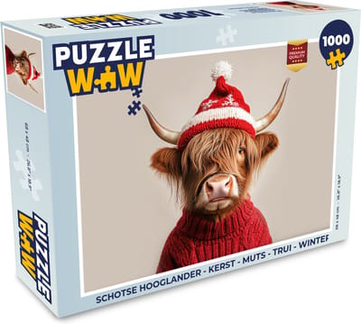 Puzzel Schotse Hooglander - Kerst - Muts - Trui - Winter - Legpuzzel - Puzzel 1000 stukjes volwassenen - Kerstpuzzel - Kerstpuzzels - Kerst - Cadeau - Kerstcadeau voor mannen, vrouwen en kinderen