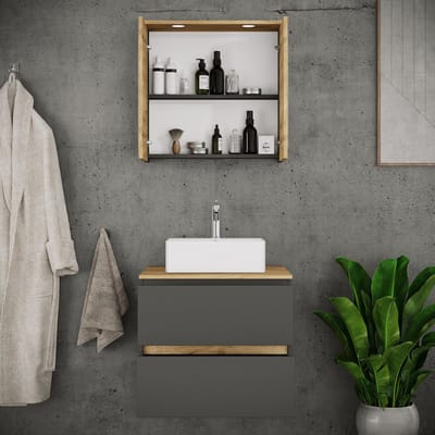VCM 3-tlg. Waschtisch Set mit Keramikbecken, Badschrank mit 2 Softclose-Schubladen, Spiegelschrank mit Beleuchtung und Steckdose, Maße Unterschrank H. 51 x B. 60 x T. 51 cm, Cosila-A