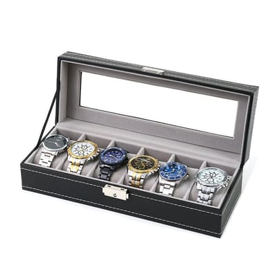 horloge doos- Horlogebox met 6 vakken - Horlogekast met glazen deksel - Horlogestandaard van PU-leer met fluwelen kussen - Horloge-opbergdoos voor mannen en vrouwen - Verjaardag - Cadeau-idee voor Vaderdag (zwart - 30*11*8)