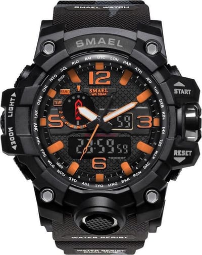 Heren Horloge Zwart met Zwarte rubber band en Oranje details | Smael | Waterdicht |Glow in dark | 1545 | Mud Master | Leger | Army | Grof | Licht | Rubberen band | Timer | Eyecatcher | Master| Vaderdag Cadeau | Vaderdag | kado|