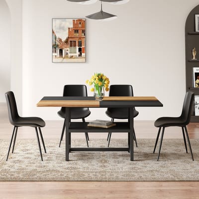 Een rechthoekige eettafelset van 160 cm met multifunctioneel opbergvak en 4 zwarte eetkamerstoelen van PU-materiaal met brede zitkussens, geschikt voor de woonkamer, eetkamer, keuken, enz.
