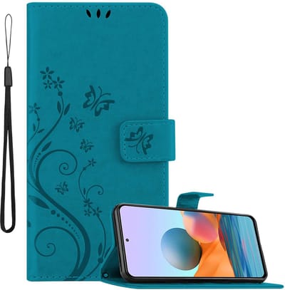Cadorabo Hoesje geschikt voor Xiaomi RedMi NOTE 10 PRO in BLOEMEN BLAUW - Beschermhoes in bloemmotief met magnetische sluiting, standfunctie en kaartsleuven Book Case Cover Etui