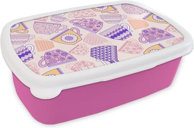 Broodtrommel Roze - Lunchbox - Brooddoos - Patronen - Theekopjes - Thee - 18x12x6 cm - Kinderen - Meisje