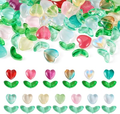 Dailygoods- Bloemkralen 78 Stuks - Transparante Glazen Kralen - Hart/Blad Kralen - DIY Sieraden Maken - 13 Kleuren - Opbergdoos 10.8x7.4x1.8cm - Sieradenkralen