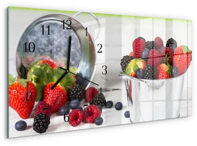 Tulup Wandklok - Bosvruchten Glazen Wandklok Design - 60x30 cm - Rood Klok Glas Met Opdruk - Zwarte Handen - Rechthoekige Wandklok - Wandklok Glas Decoratie - Gekleurde Glazen Klok