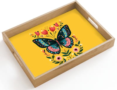 Dienblad hout 40x30 cm - Schootdienblad - Bloemen - Kleurrijk - Vlinder - Sierlijk - Borrelplank rechthoek - Plateau dienbladen