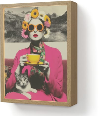 Wandlamp 30x40 cm - Oplaadbaar - Vrouw - Kat - Bloemen - Kopje - Retro - Wandlampen binnen woonkamer - Slaapkamer lamp - Decoratieve nachtlamp - Vloerlamp draadloos