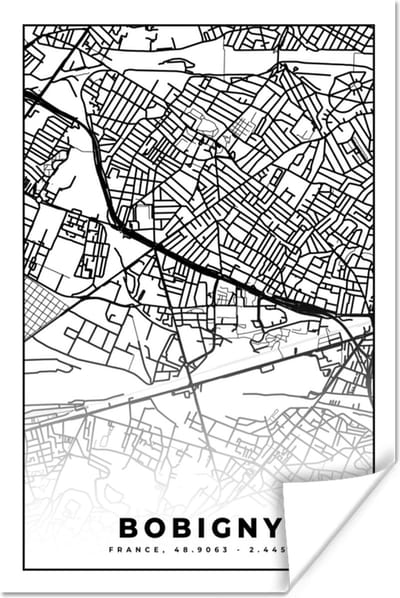 Poster Stadskaart - Bobigny - Frankrijk - Kaart - Plattegrond - Zwart wit - 120x180 cm XXL