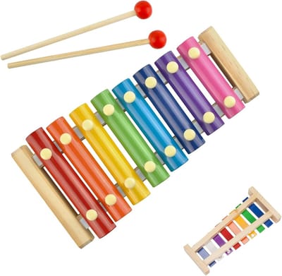 Houtenxylofoon - Muziek Speelgoed - Muzikale Ontwikkeling - Acht Metalen Klankstaven - 24 x 13 cm - Multicolore