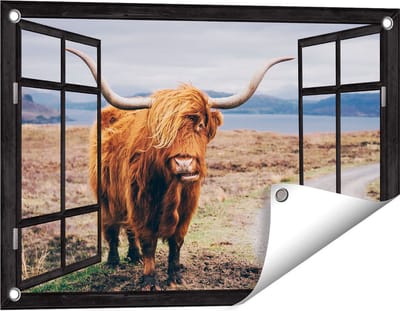 Gards Tuinposter Doorkijk Schotse Hooglander Koe op de Weg - 60x40 cm - Tuindoek - Tuindecoratie - Wanddecoratie buiten - Tuinschilderij