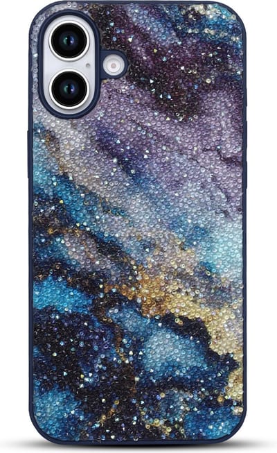 Casemania Hoesje Geschikt voor Apple iPhone 16 - Blauw - Diamant Marmer Glitter Back Cover