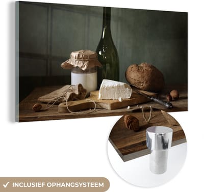 MuchoWow® Glasschilderij 120x60 cm - Schilderij acrylglas - Rustiek - Brie - Stilleven - Fles - Brood - Foto op glas - Schilderijen