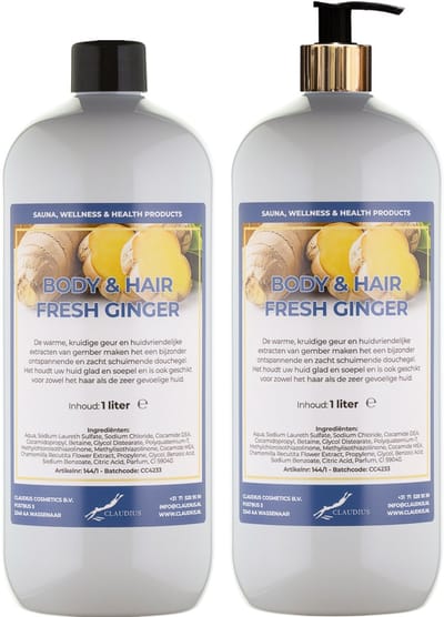 Body & Hair Fresh Ginger 1 liter met gouden pomp - set van 2 stuks - 2 in 1 voor lichaam en haar - voordeelverpakking