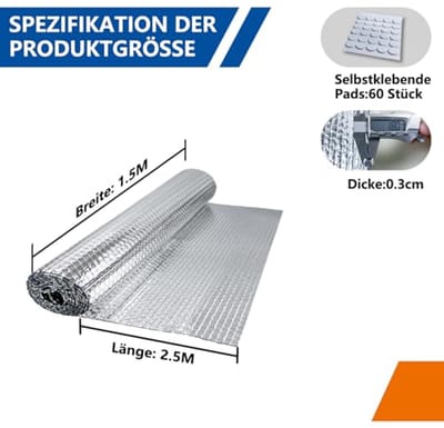 Aluminium isolatiefolie 150 cm x 2,5 m - 3 mm dikke dubbelzijdige luchtkussenfolie voor warmte-isolatie en energiebesparing