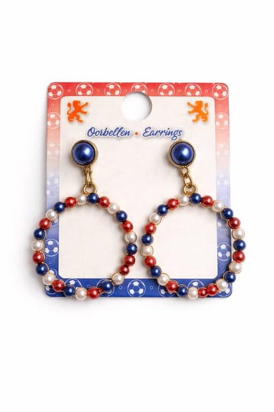 Oorbellen Rood Wit Blauw – Ring 2.5 cm – Goud met Kralen – Nederlands Elftal / Koningsdag Accessoires