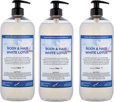 Body & Hair White Lotus 1 Liter - met gratis pomp - set van 3 stuks - 2 in 1 voor lichaam en haar.