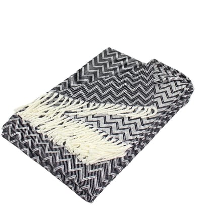 Luxe deken van katoenmix ca. 170x230 knuffeldeken zigzagpatroon sprei met franjes licht en knuffelig (wit/zwart)