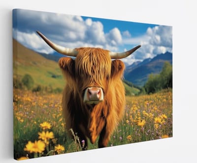 Saammp - Canvas Schilderij - Schotse Hooglander Koe Tussen de Bloemen - Landschap - Dieren - Natuur - 60x40 - Foto op canvas - Wanddecoratie - muurdecoratie Woonkamer - Slaapkamer decoratie - Canvas Print