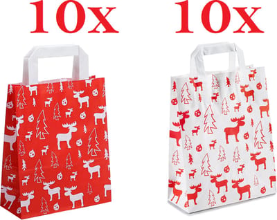 20 x papieren Kersttassen / Kerst draagtassen / Kersttasjes "White and Red Elk" Met Platte Oren 18 x 8 x 22cm / Kerst verpakking