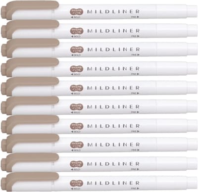 Zebra Mildliner Double-Sided Highlighter - Fine / Bold – Mild Brown Set van 10 + een Luxe Zipperbag - WKT7-MAP